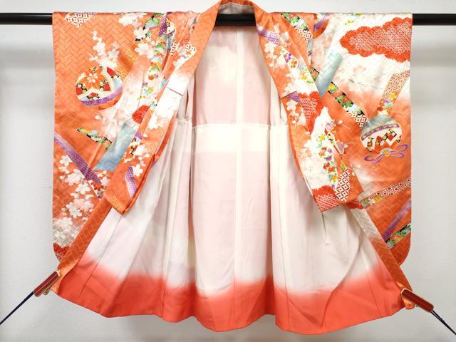 平和屋着物[]七五三　女の子　３歳　祝着　三つ身　長襦袢(無双仕立て・半衿刺繍)セット　絞り　舞花文　暈し染め　金彩　逸品　DABG3230ma