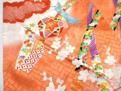 平和屋着物[]七五三　女の子　３歳　祝着　三つ身　長襦袢(無双仕立て・半衿刺繍)セット　絞り　舞花文　暈し染め　金彩　逸品　DABG3230ma