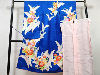 平和屋着物[]七五三　女の子　７歳　祝着　四つ身　長襦袢(単衣)セット　駒刺繍　花蝶文　金彩　逸品　DABG3237ma