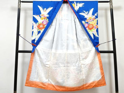 平和屋着物[]七五三　女の子　７歳　祝着　四つ身　長襦袢(単衣)セット　駒刺繍　花蝶文　金彩　逸品　DABG3237ma