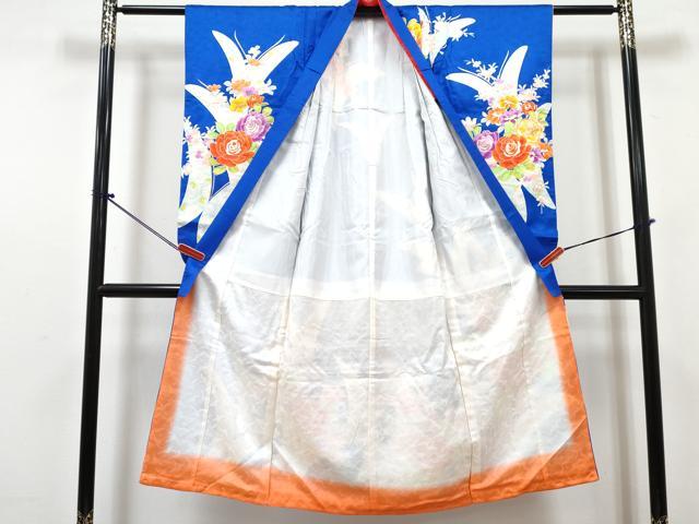 平和屋着物[]七五三　女の子　７歳　祝着　四つ身　長襦袢(単衣)セット　駒刺繍　花蝶文　金彩　逸品　DABG3237ma
