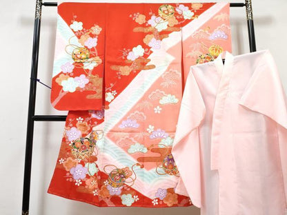 平和屋着物[]七五三　女の子　７歳　祝着　四つ身　長襦袢(単衣)セット　駒刺繍　鞠花文　暈し染め　金彩　逸品　未使用　DABG3238ma