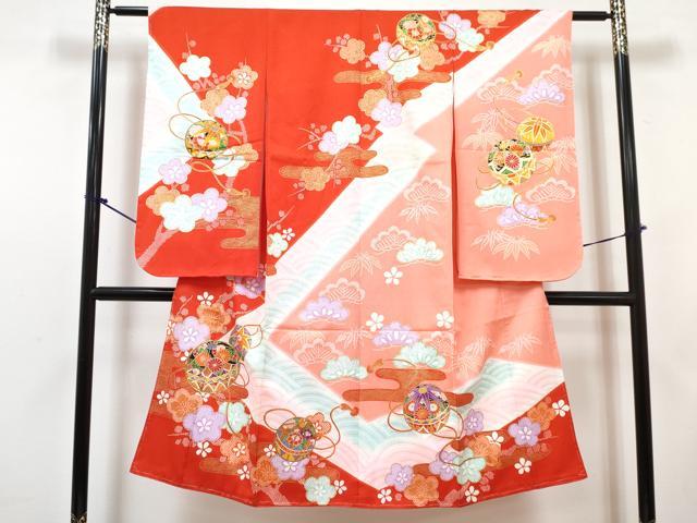 平和屋着物[]七五三　女の子　７歳　祝着　四つ身　長襦袢(単衣)セット　駒刺繍　鞠花文　暈し染め　金彩　逸品　未使用　DABG3238ma