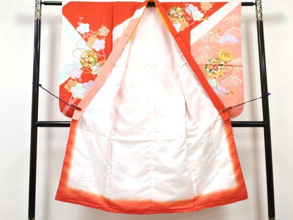 平和屋着物[]七五三　女の子　７歳　祝着　四つ身　長襦袢(単衣)セット　駒刺繍　鞠花文　暈し染め　金彩　逸品　未使用　DABG3238ma