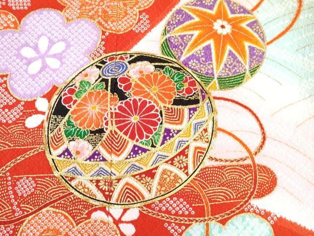 平和屋着物[]七五三　女の子　７歳　祝着　四つ身　長襦袢(単衣)セット　駒刺繍　鞠花文　暈し染め　金彩　逸品　未使用　DABG3238ma