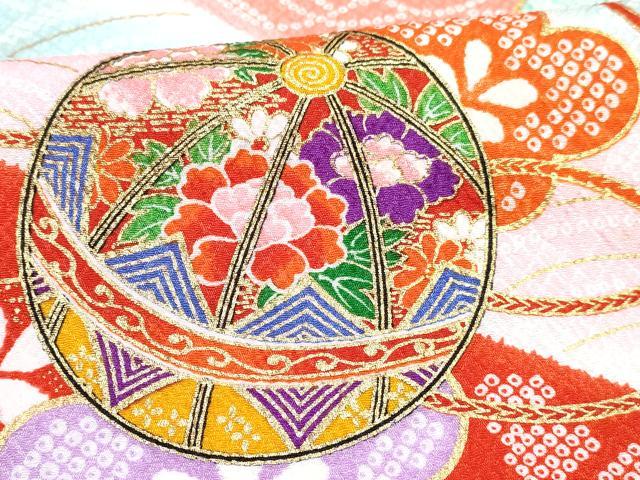 平和屋着物[]七五三　女の子　７歳　祝着　四つ身　長襦袢(単衣)セット　駒刺繍　鞠花文　暈し染め　金彩　逸品　未使用　DABG3238ma