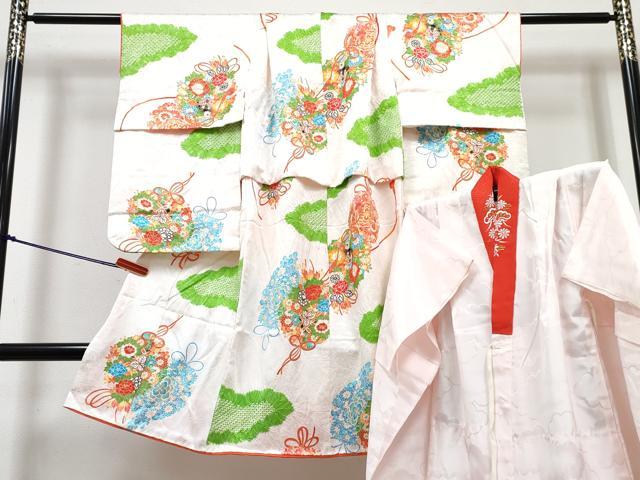 平和屋着物[]七五三　女の子　３歳　祝着　三つ身　長襦袢(袷・半衿刺繍)セット　絞り　花丸文　金彩　逸品　DABG3239ma