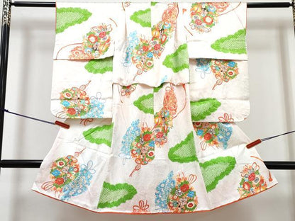 平和屋着物[]七五三　女の子　３歳　祝着　三つ身　長襦袢(袷・半衿刺繍)セット　絞り　花丸文　金彩　逸品　DABG3239ma