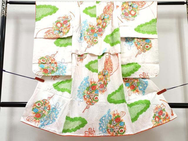平和屋着物[]七五三　女の子　３歳　祝着　三つ身　長襦袢(袷・半衿刺繍)セット　絞り　花丸文　金彩　逸品　DABG3239ma