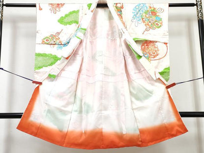 平和屋着物[]七五三　女の子　３歳　祝着　三つ身　長襦袢(袷・半衿刺繍)セット　絞り　花丸文　金彩　逸品　DABG3239ma