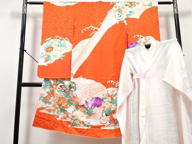 平和屋着物[]七五三　女の子　７歳　祝着　四つ身　長襦袢(単衣)セット　駒刺繍　鳳凰鼓花文　金彩　逸品　DABG3240ma