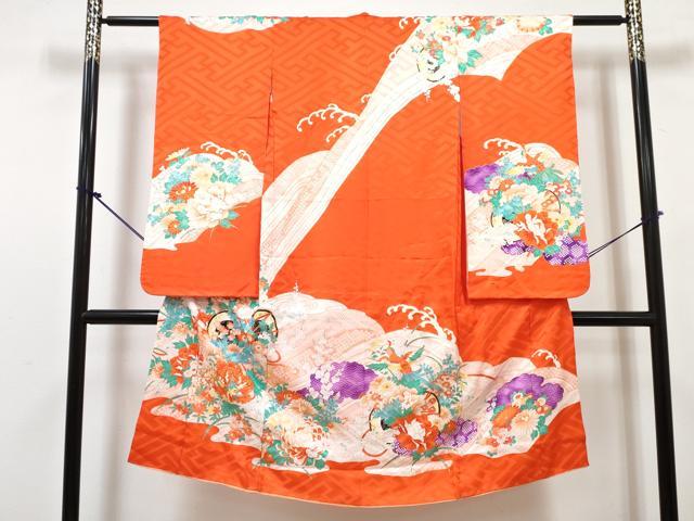 平和屋着物[]七五三　女の子　７歳　祝着　四つ身　長襦袢(単衣)セット　駒刺繍　鳳凰鼓花文　金彩　逸品　DABG3240ma