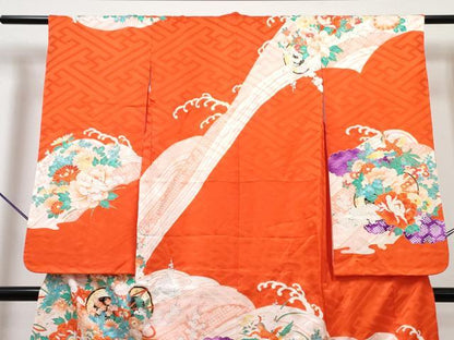平和屋着物[]七五三　女の子　７歳　祝着　四つ身　長襦袢(単衣)セット　駒刺繍　鳳凰鼓花文　金彩　逸品　DABG3240ma