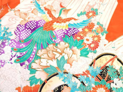 平和屋着物[]七五三　女の子　７歳　祝着　四つ身　長襦袢(単衣)セット　駒刺繍　鳳凰鼓花文　金彩　逸品　DABG3240ma
