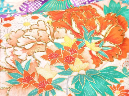 平和屋着物[]七五三　女の子　７歳　祝着　四つ身　長襦袢(単衣)セット　駒刺繍　鳳凰鼓花文　金彩　逸品　DABG3240ma