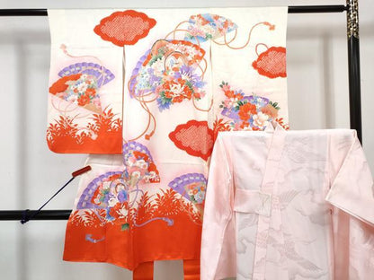 平和屋着物[]七五三　女の子　３歳　祝着　三つ身　長襦袢(袷)セット　駒刺繍　絞り　檜扇鳳凰鼓花文　暈し染め　金彩　逸品　DABG3241ma
