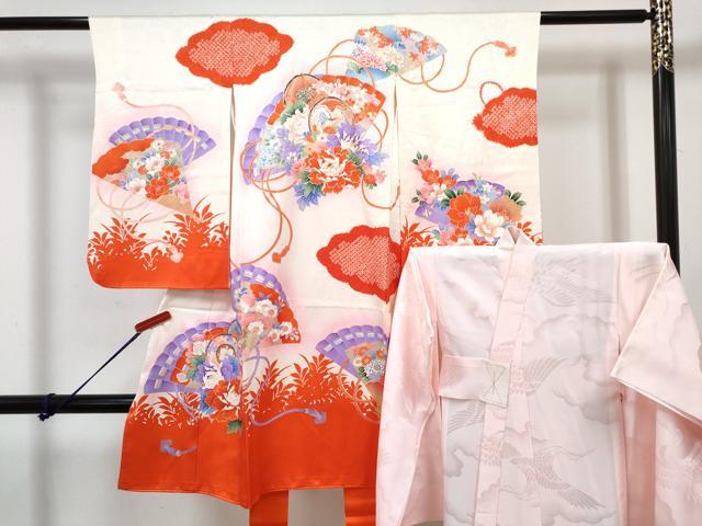 平和屋着物[]七五三　女の子　３歳　祝着　三つ身　長襦袢(袷)セット　駒刺繍　絞り　檜扇鳳凰鼓花文　暈し染め　金彩　逸品　DABG3241ma