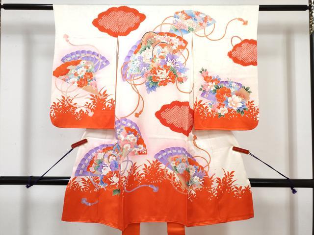 平和屋着物[]七五三　女の子　３歳　祝着　三つ身　長襦袢(袷)セット　駒刺繍　絞り　檜扇鳳凰鼓花文　暈し染め　金彩　逸品　DABG3241ma