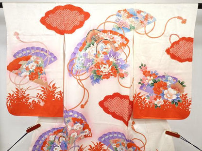 平和屋着物[]七五三　女の子　３歳　祝着　三つ身　長襦袢(袷)セット　駒刺繍　絞り　檜扇鳳凰鼓花文　暈し染め　金彩　逸品　DABG3241ma