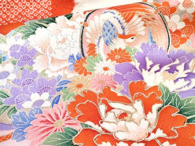 平和屋着物[]七五三　女の子　３歳　祝着　三つ身　長襦袢(袷)セット　駒刺繍　絞り　檜扇鳳凰鼓花文　暈し染め　金彩　逸品　DABG3241ma