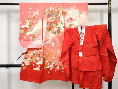 平和屋着物[]七五三　女の子　３歳　祝着　三つ身　長襦袢(袷・半衿刺繍)セット　御所車飛鶴鞠花文　暈し染め　金彩　逸品　DABG3242ma