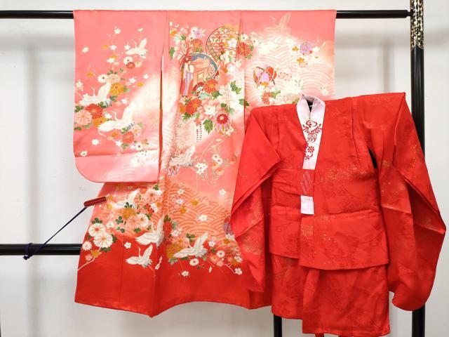 平和屋着物[]七五三　女の子　３歳　祝着　三つ身　長襦袢(袷・半衿刺繍)セット　御所車飛鶴鞠花文　暈し染め　金彩　逸品　DABG3242ma