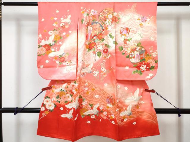 平和屋着物[]七五三　女の子　３歳　祝着　三つ身　長襦袢(袷・半衿刺繍)セット　御所車飛鶴鞠花文　暈し染め　金彩　逸品　DABG3242ma