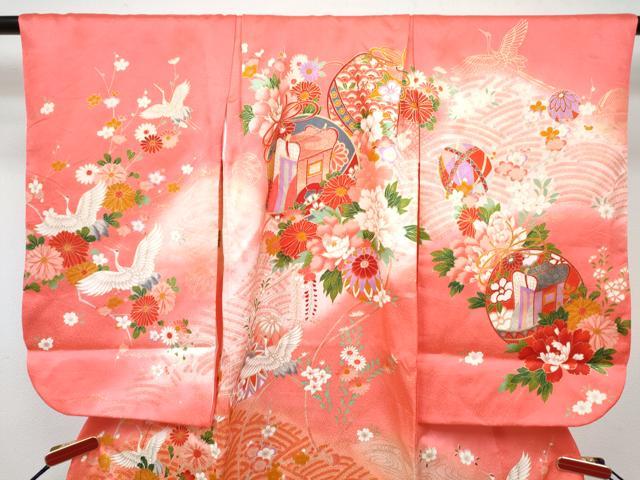 平和屋着物[]七五三　女の子　３歳　祝着　三つ身　長襦袢(袷・半衿刺繍)セット　御所車飛鶴鞠花文　暈し染め　金彩　逸品　DABG3242ma