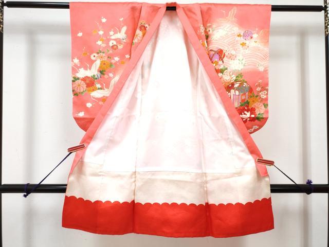 平和屋着物[]七五三　女の子　３歳　祝着　三つ身　長襦袢(袷・半衿刺繍)セット　御所車飛鶴鞠花文　暈し染め　金彩　逸品　DABG3242ma