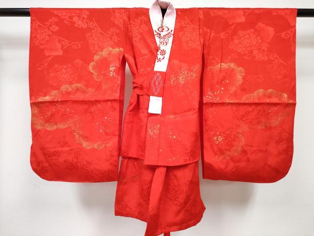 平和屋着物[]七五三　女の子　３歳　祝着　三つ身　長襦袢(袷・半衿刺繍)セット　御所車飛鶴鞠花文　暈し染め　金彩　逸品　DABG3242ma