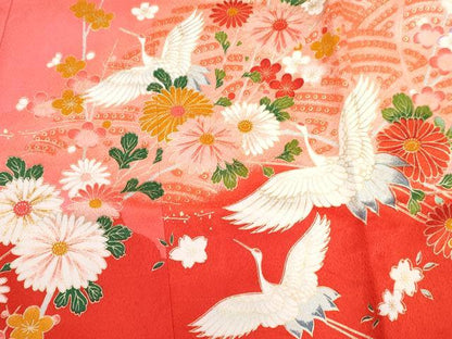 平和屋着物[]七五三　女の子　３歳　祝着　三つ身　長襦袢(袷・半衿刺繍)セット　御所車飛鶴鞠花文　暈し染め　金彩　逸品　DABG3242ma