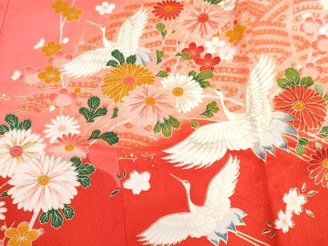 平和屋着物[]七五三　女の子　３歳　祝着　三つ身　長襦袢(袷・半衿刺繍)セット　御所車飛鶴鞠花文　暈し染め　金彩　逸品　DABG3242ma