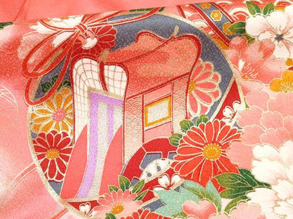 平和屋着物[]七五三　女の子　３歳　祝着　三つ身　長襦袢(袷・半衿刺繍)セット　御所車飛鶴鞠花文　暈し染め　金彩　逸品　DABG3242ma