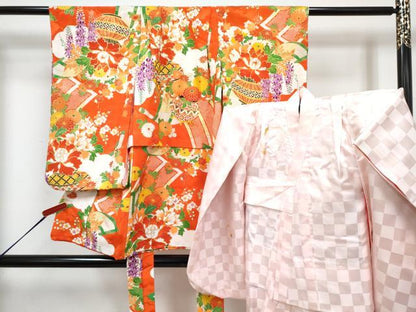 平和屋着物[]七五三　女の子　３歳　祝着　三つ身　長襦袢(袷)セット　駒刺繍　陶器牡丹花文　金彩　洗える着物　DABG3243ma