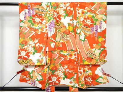 平和屋着物[]七五三　女の子　３歳　祝着　三つ身　長襦袢(袷)セット　駒刺繍　陶器牡丹花文　金彩　洗える着物　DABG3243ma