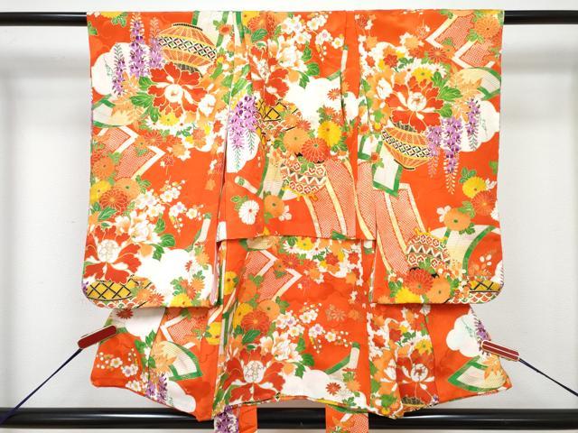 平和屋着物[]七五三　女の子　３歳　祝着　三つ身　長襦袢(袷)セット　駒刺繍　陶器牡丹花文　金彩　洗える着物　DABG3243ma
