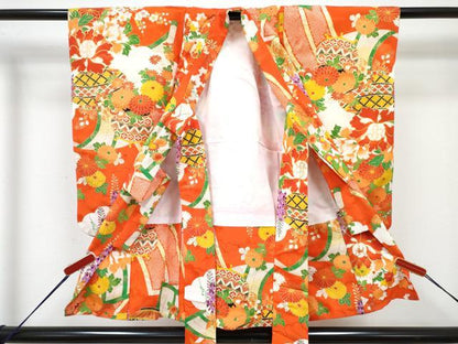 平和屋着物[]七五三　女の子　３歳　祝着　三つ身　長襦袢(袷)セット　駒刺繍　陶器牡丹花文　金彩　洗える着物　DABG3243ma