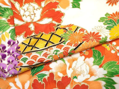 平和屋着物[]七五三　女の子　３歳　祝着　三つ身　長襦袢(袷)セット　駒刺繍　陶器牡丹花文　金彩　洗える着物　DABG3243ma