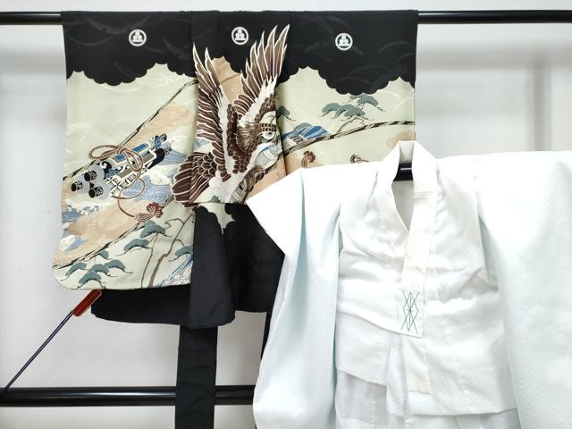 平和屋着物[]七五三　男の子　祝着・長襦袢(袷)セット　鷹　鷲　絵巻立波松文　金彩　逸品　DABG3246ma