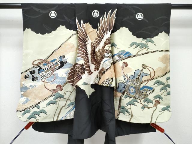 平和屋着物[]七五三　男の子　祝着・長襦袢(袷)セット　鷹　鷲　絵巻立波松文　金彩　逸品　DABG3246ma