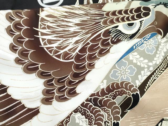 平和屋着物[]七五三　男の子　祝着・長襦袢(袷)セット　鷹　鷲　絵巻立波松文　金彩　逸品　DABG3246ma