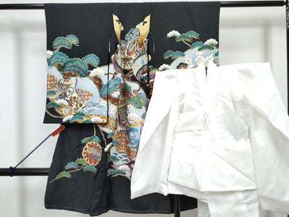 平和屋着物[]七五三　男の子　祝着・長襦袢(袷)セット　龍　兜　几帳矢羽松文　金銀彩　逸品　DABG3247ma