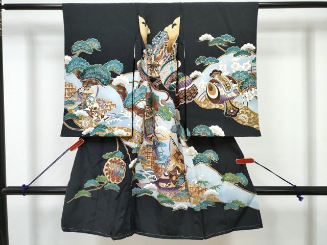 平和屋着物[]七五三　男の子　祝着・長襦袢(袷)セット　龍　兜　几帳矢羽松文　金銀彩　逸品　DABG3247ma