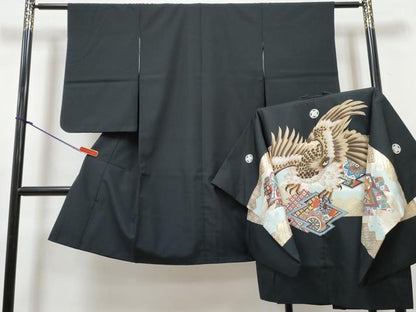 平和屋着物[]七五三　男の子　祝着・羽織セット　鷹　鷲　松皮菱源氏車花文　暈し染め　金彩　DABG3252ma