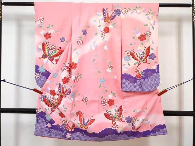 平和屋着物[]七五三　女の子　３歳　祝着　三つ身　長襦袢(単衣・半衿刺繍)セット　花蝶文　暈し染め　金彩　DABG3253ma