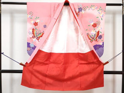 平和屋着物[]七五三　女の子　３歳　祝着　三つ身　長襦袢(単衣・半衿刺繍)セット　花蝶文　暈し染め　金彩　DABG3253ma