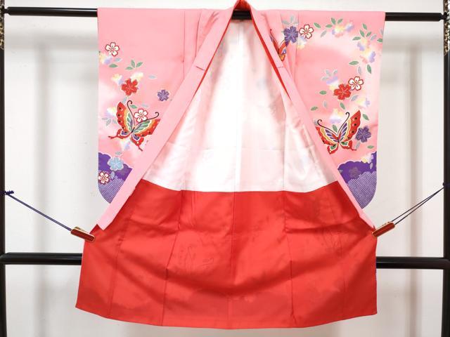 平和屋着物[]七五三　女の子　３歳　祝着　三つ身　長襦袢(単衣・半衿刺繍)セット　花蝶文　暈し染め　金彩　DABG3253ma