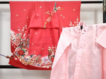 平和屋着物[]七五三　女の子　３歳　祝着　三つ身　長襦袢(単衣・半衿刺繍)セット　御所車花文　暈し染め　金彩　DABG3254ma
