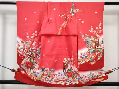 平和屋着物[]七五三　女の子　３歳　祝着　三つ身　長襦袢(単衣・半衿刺繍)セット　御所車花文　暈し染め　金彩　DABG3254ma