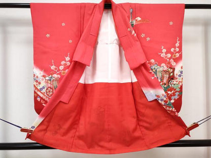 平和屋着物[]七五三　女の子　３歳　祝着　三つ身　長襦袢(単衣・半衿刺繍)セット　御所車花文　暈し染め　金彩　DABG3254ma